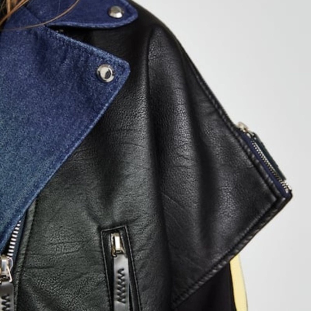 🆕 Zara Contrasting Biker Faux Leather and Denim Jacket NWOT Size Large - Picture 5 of 8